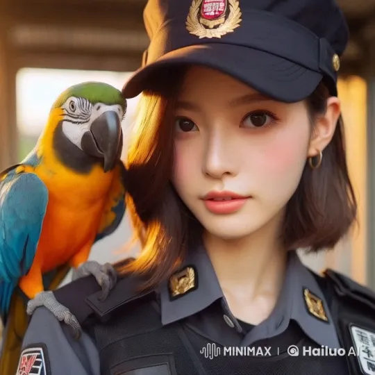 Police Officer with Parrot Amidst Golden Light – AI Generated Video | Hailuo AI