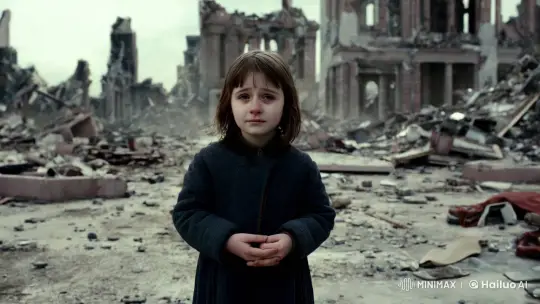 Child's Gaze Amidst Ruins Captures Loss and Resilience – AI Generated Video | Hailuo AI