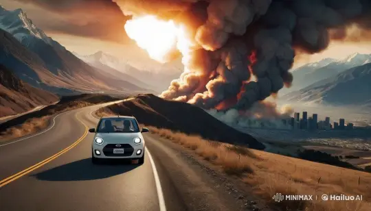 Car Drives Toward Catastrophic City Fire Amidst Dry Hills – AI Generated Video | Hailuo AI