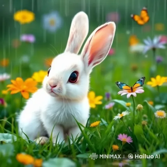 Adorable Rabbit in a Colorful Flower Meadow with Butterflies and Rain – AI Generated Video | Hailuo AI