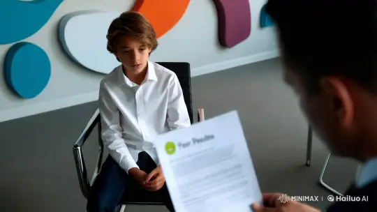 Teenage Boy Faces Disappointment in Office Setting – AI Generated Video | Hailuo AI