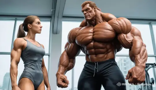 Live2D Animation: Bodybuilder and Woman Showcase Muscles – AI Generated Video | Hailuo AI