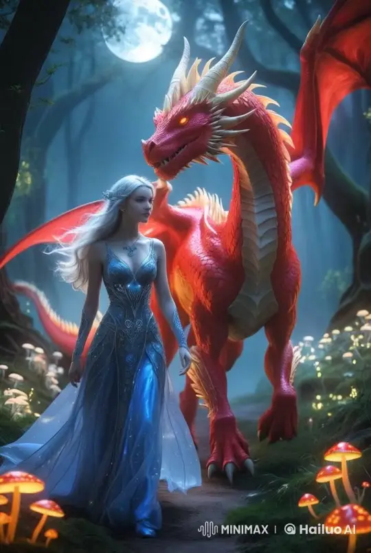 Mystical Walk: Maiden and Majestic Red Dragon in Enchanted Forest – AI Generated Video | Hailuo AI