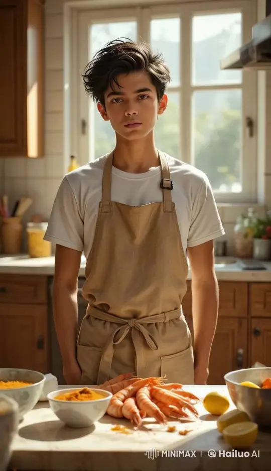 Teenager Preparing Dish in Sunlit Kitchen – AI Generated Video | Hailuo AI