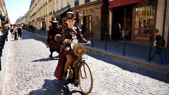 Steampunk Girl and Penguin on Parisian Street – AI Generated Video | Hailuo AI