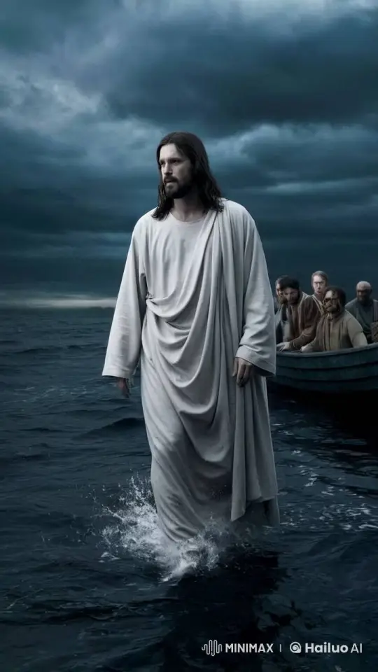 Man Walks on Water Amid Dramatic Skies and Onlookers – AI Generated Video | Hailuo AI