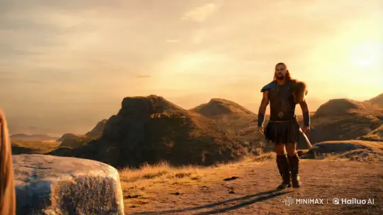 Ancient Landscape: Warrior Lifts Woman in Sunset's Glow – AI Generated Video | Hailuo AI