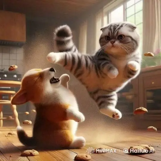Kitten and Puppy's Playful Tug-of-War – AI Generated Video | Hailuo AI