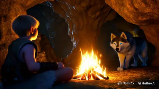 Viking Child and Wolf Puppy in Photorealistic IMAX Cavern Scene – AI Generated Video | Hailuo AI