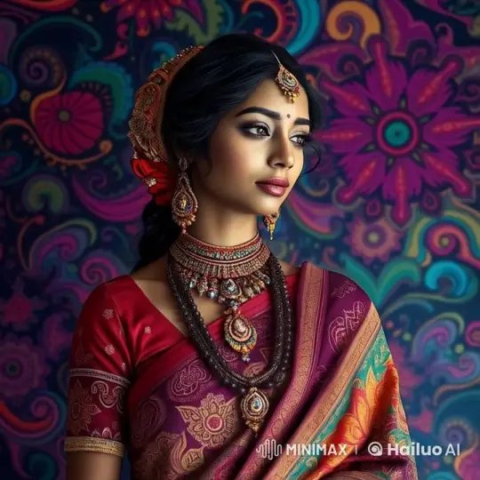 Elegant Woman in Traditional Attire with Vibrant Background – AI Generated Video | Hailuo AI
