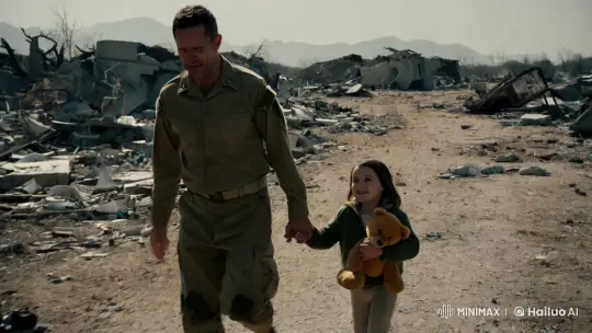 War-Torn Journey: Determined Man, Smiling Girl – AI Generated Video | Hailuo AI