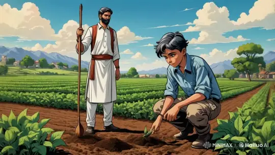 Respected Farmer Kabir Inspires Youth in Lush Fields – AI Generated Video | Hailuo AI