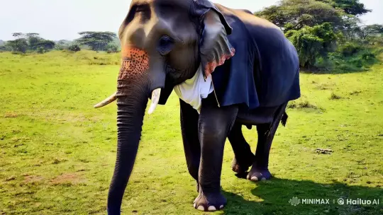 Elephant in Human Clothing: Whimsical Scene in Verdant Setting – AI Generated Video | Hailuo AI