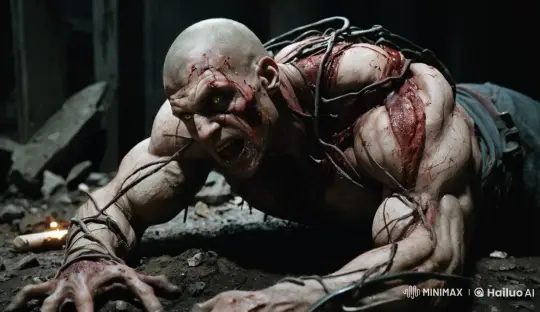 Tormented Figure Struggles Amidst Wires and Gritty Environment – AI Generated Video | Hailuo AI