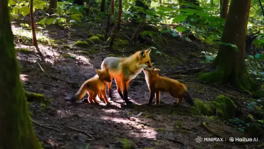 Family of Foxes Play in Serene Forest Setting – AI Generated Video | Hailuo AI