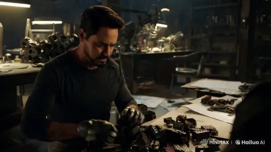 Tony Stark's Determined Struggle in a Dim Workshop – AI Generated Video | Hailuo AI