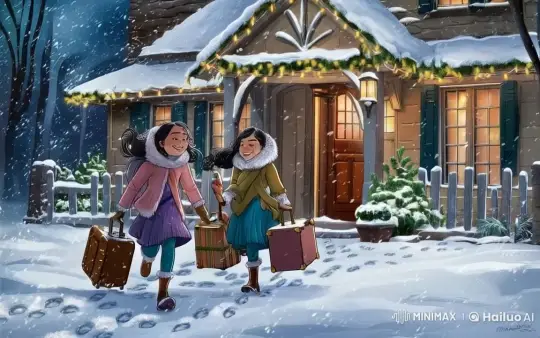 Girls Approach Cozy Christmas-Lit House in Snowy Night – AI Generated Video | Hailuo AI