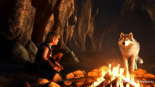 Viking Youth and Wolf Puppy in Hyperrealistic Cavern Scene – AI Generated Video | Hailuo AI