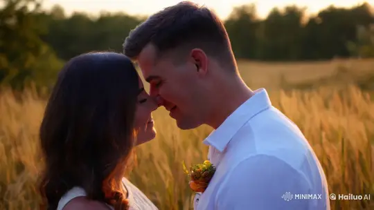 Couple Shares Passionate Kiss in Dusk-Lit Field – AI Generated Video | Hailuo AI