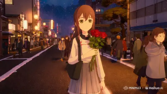 Anime Girl Walks Through Snowy Japanese Street at Dusk – AI Generated Video | Hailuo AI