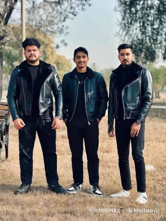 Three Men in Leather Jackets Engage in Playful Fight – AI Generated Video | Hailuo AI