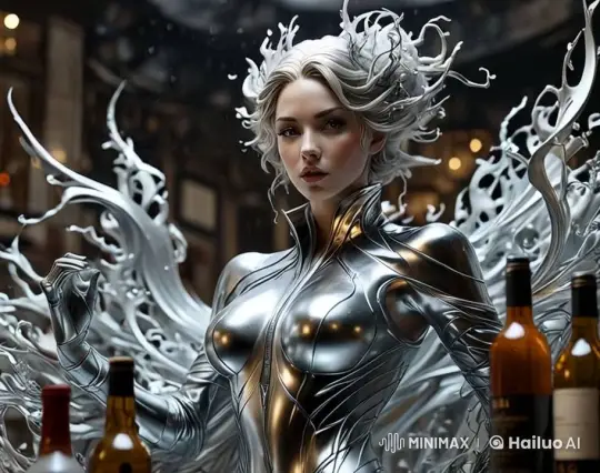 Silver Woman Shatters Bottles in Dramatic Performance – AI Generated Video | Hailuo AI