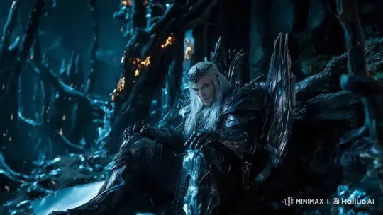 Icy Forest Throne: Man with Piercing Eyes in a Winter Wonderland – AI Generated Video | Hailuo AI