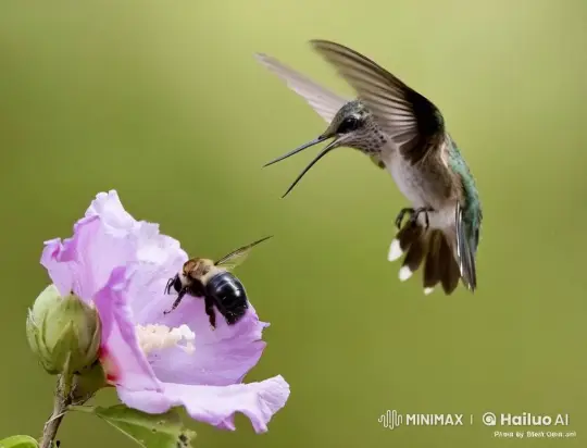 Hummingbird and Bee Interact Near Pink Flower – AI Generated Video | Hailuo AI
