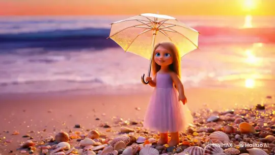 Whimsical Woman on a Sunlit Beach with Cocktail Umbrella – AI Generated Video | Hailuo AI