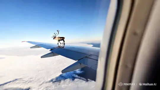 Reindeer Gracefully Strides Across Plane Wing in Flight – AI Generated Video | Hailuo AI