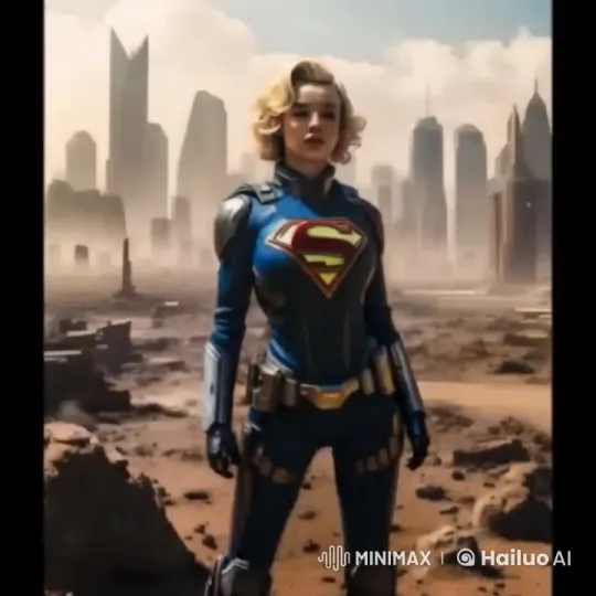 Heroine Soars Over Futuristic Wasteland in Blue Costume – AI Generated Video | Hailuo AI