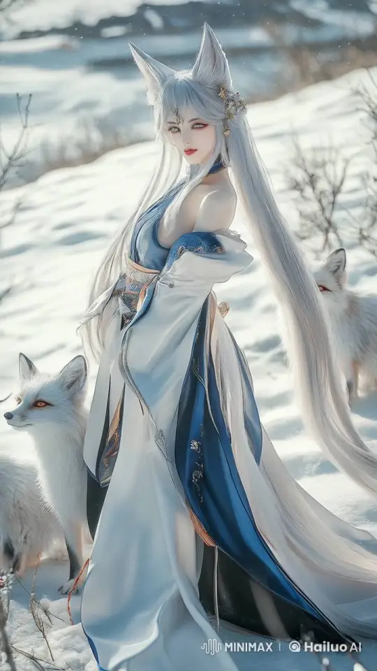 Serene Winter Scene: Woman and Silver Foxes – AI Generated Video | Hailuo AI