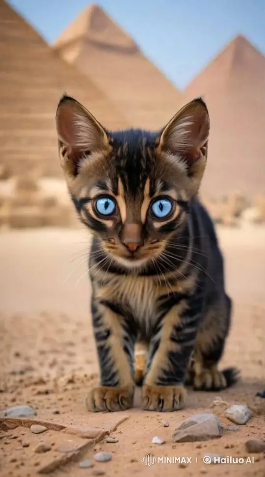 3D Video: Ancient Egyptian Pharaoh Meets Tabby Cat Near Pyramids – AI Generated Video | Hailuo AI
