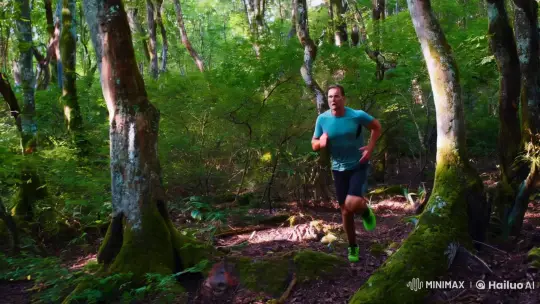 Athlete Sprinting Through Lush Forest with Urgency – AI Generated Video | Hailuo AI