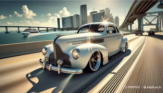 Vintage Car Cruises by Modern Cityscape in Live2D Animation – AI Generated Video | Hailuo AI