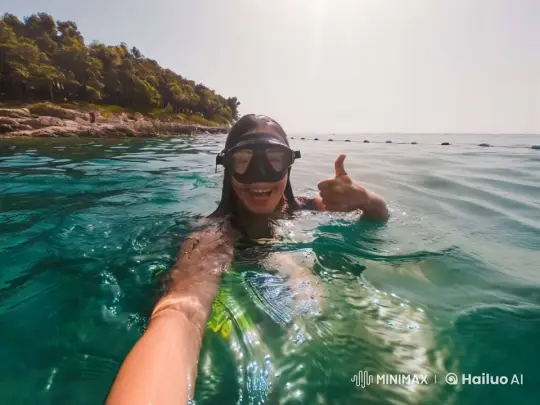 Girl's Joyful Underwater Selfie with Coastal View – AI Generated Video | Hailuo AI