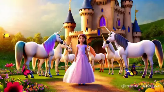 Girl in Pastel Gown Amidst Fairytale Castle and Unicorns – AI Generated Video | Hailuo AI