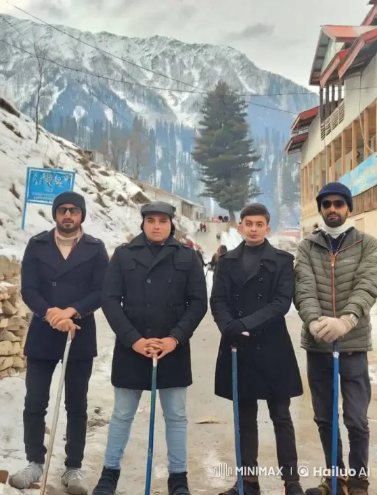 Men Playfully Skirmish with Hiking Sticks in Snowy Mountains – AI Generated Video | Hailuo AI