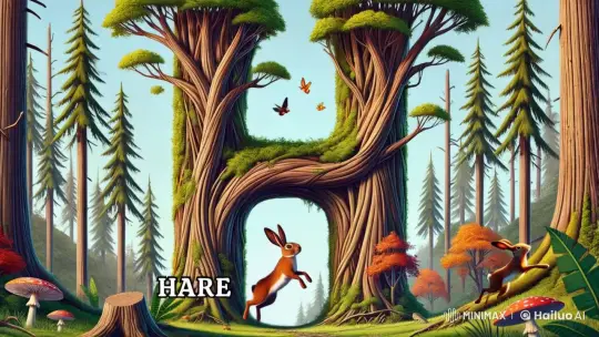 Enchanted Forest: Hare Leaps Through Tree Archway – AI Generated Video | Hailuo AI