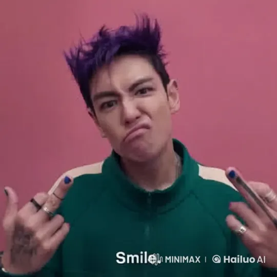 Purple-haired person cries and screams with forks in pink background – AI Generated Video | Hailuo AI
