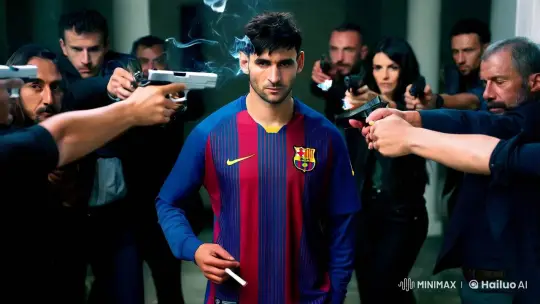 Messi in Peril: Aesthetic Tension with Guns and Smoke – AI Generated Video | Hailuo AI