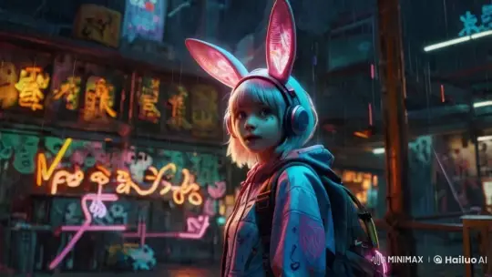 Neon-Lit Alley: Curious Girl in Rainy Night Adventure – AI Generated Video | Hailuo AI