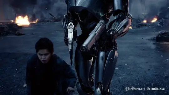 Humanoid Robot in Urban Battlefield: Aesthetic and Tense Confrontation – AI Generated Video | Hailuo AI