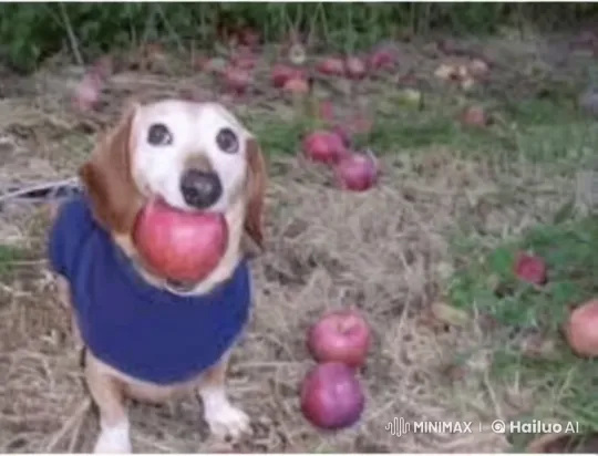 Small Dog and Man Share Apples in Orchard – AI Generated Video | Hailuo AI