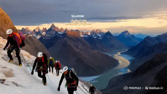 Future Climbers Ascend Majestic Peaks at Dawn in Skardu – AI Generated Video | Hailuo AI