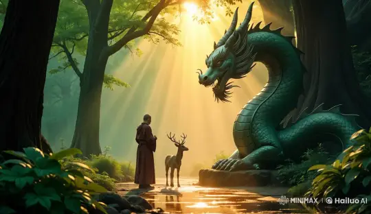 Monk Feeds Deer Amidst Serene Forest and Sculpture – AI Generated Video | Hailuo AI