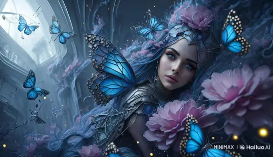 Enchanted Forest: Blue-Winged Figure Amidst Glowing Blooms – AI Generated Video | Hailuo AI