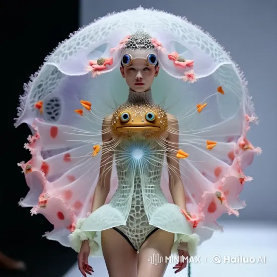 Futuristic Model Showcases Avant-Garde Sea-Inspired Outfit – AI Generated Video | Hailuo AI