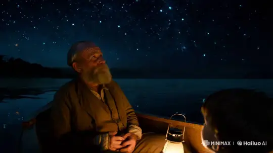 Elderly Man and Grandson in Nighttime Boat Serenity – AI Generated Video | Hailuo AI
