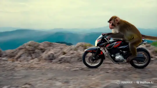 Monkey Transforms into Sheep on Motorcycle in Surreal Mountain Pasture – AI Generated Video | Hailuo AI